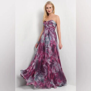 Camille La Vie Berry Jade Watercolor Print Strapless Chiffon Maxi Dress Size 6